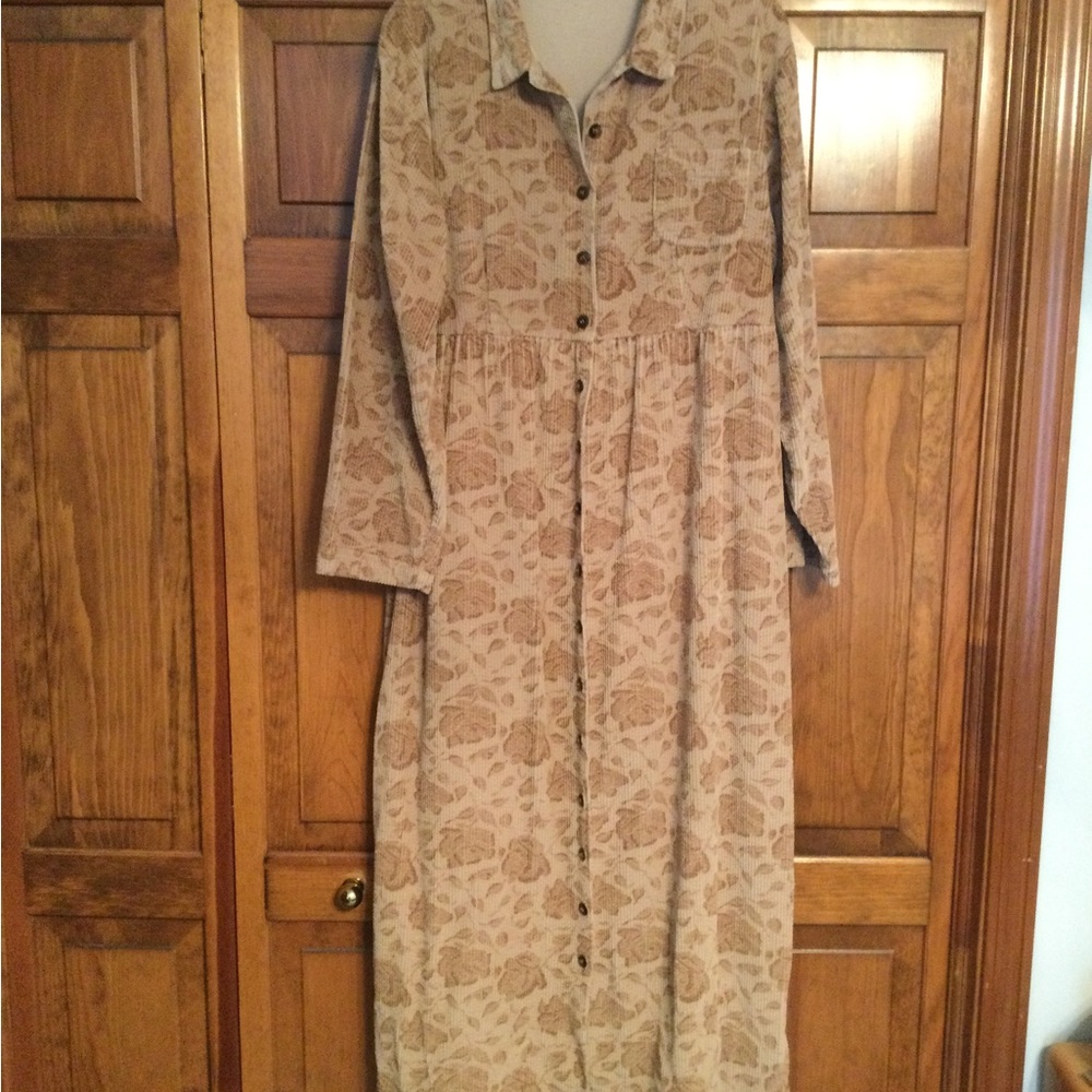 Vintage KIKO Button-Front Long Sleeve Tan Floral Corduroy Maxi Dress, size L